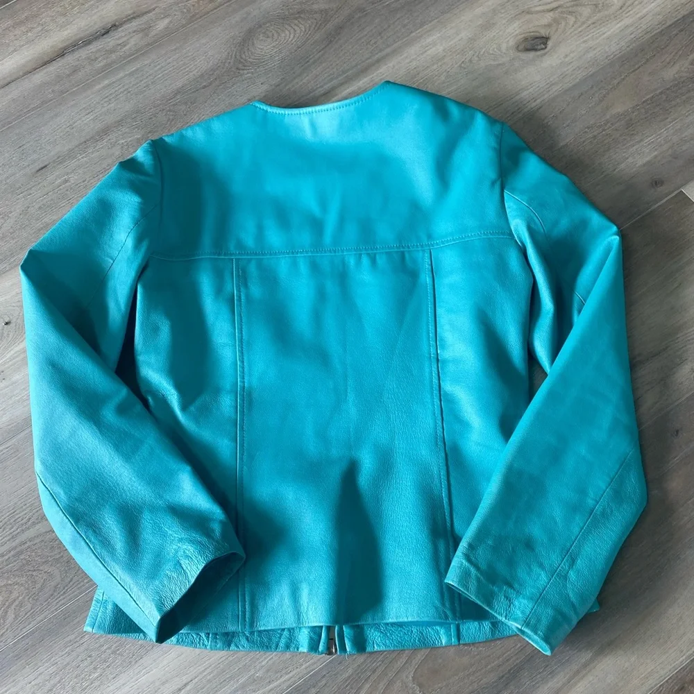 Vintage Newport News Easy Style Turquoise 100% Leather Crop Jacket Size 6 great - Picture 3 of 8